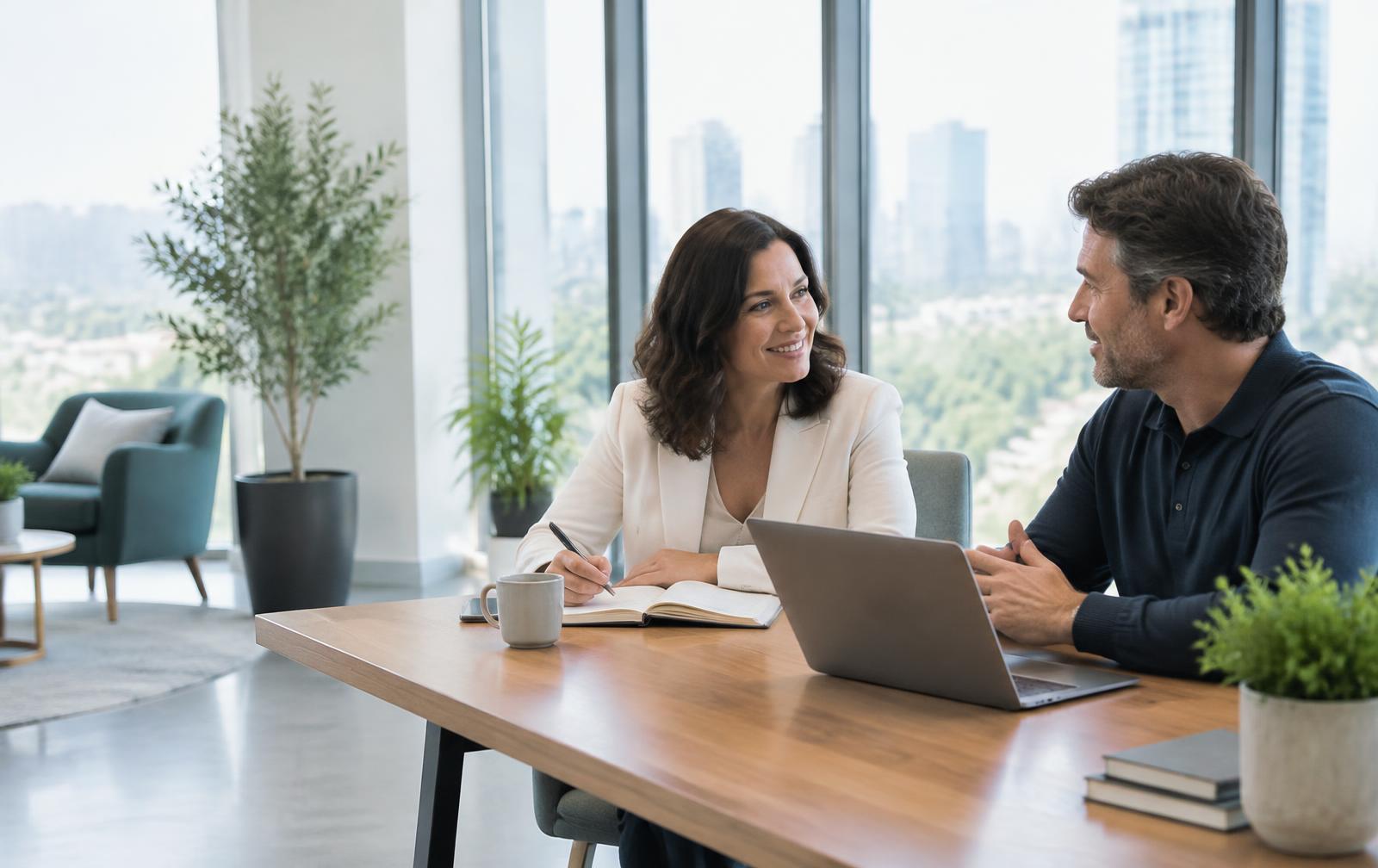 A coach and business owner having a meaningful conversation in a bright office